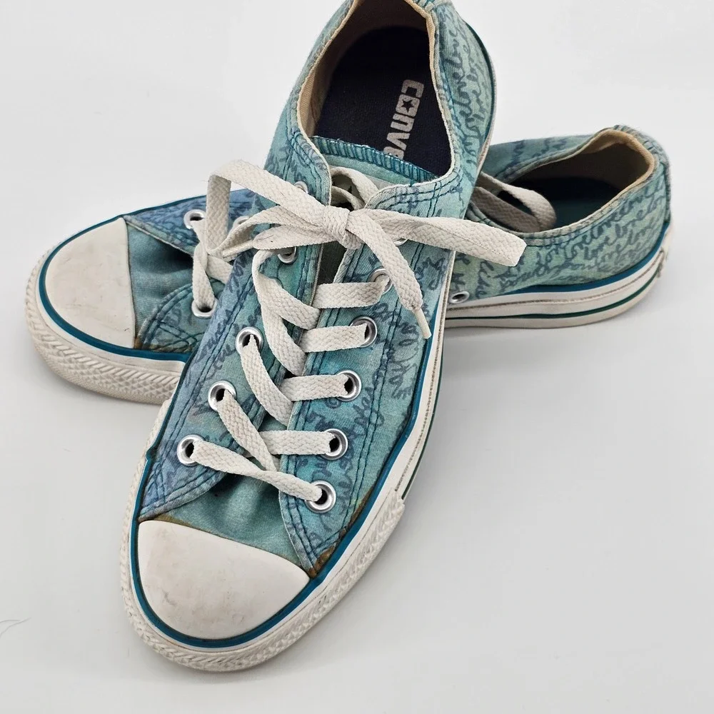 Converse Chuck Taylor All Star Womens 7 Teal Blue Script Print Low Top Sneakers - Picture 5 of 14